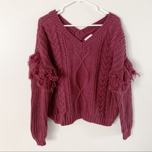 Everly v-neck cable knit fringe sweater burgundy size medium